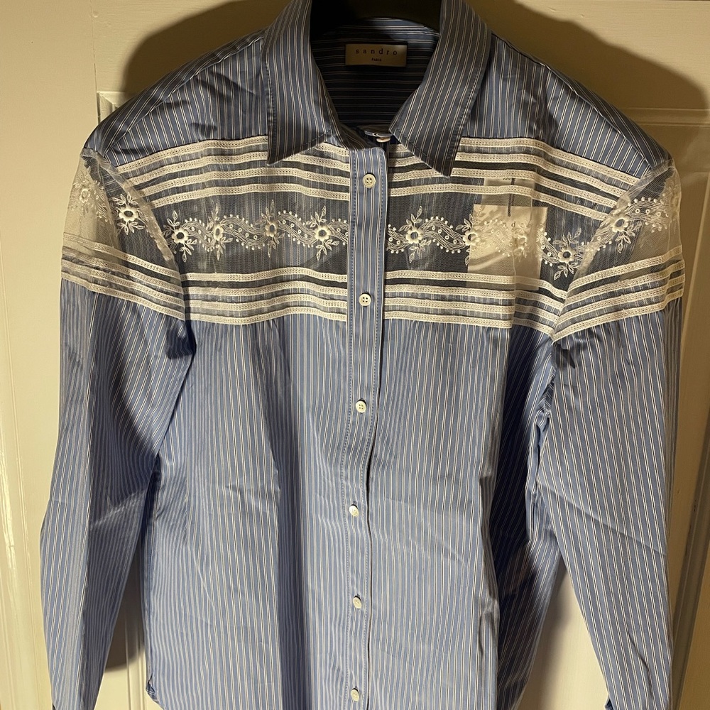 SANDRO Paris Blue Shirt with See-Through Lace - Never Worn, Tags still on